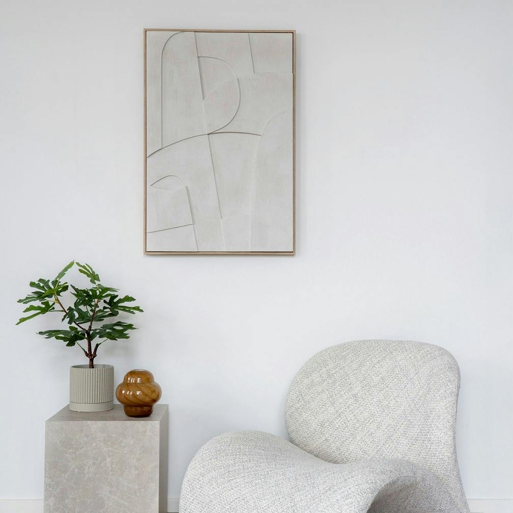 Tableau abstrait blanc courbes avec cadre 60x90 cm