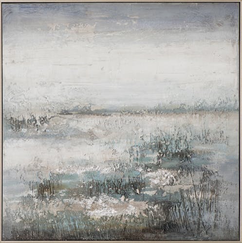 Tableau abstrait bleu, blanc, gris avec gratté