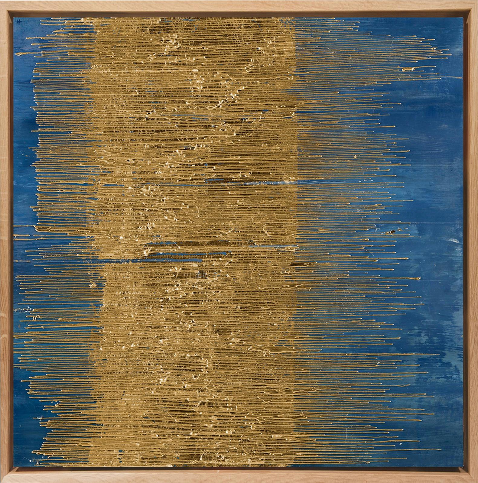 Tableau ABSTRAIT Bleu nuit et or Caisse américaine en chêne massif 80x80cm