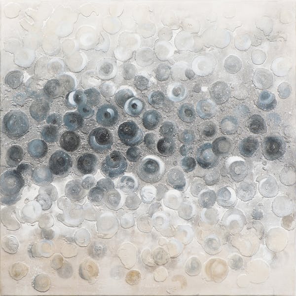 Tableau ABSTRAIT Bulles irrégulières tons bleus gris, beiges, blancs, dorés et argentés 100x100cm