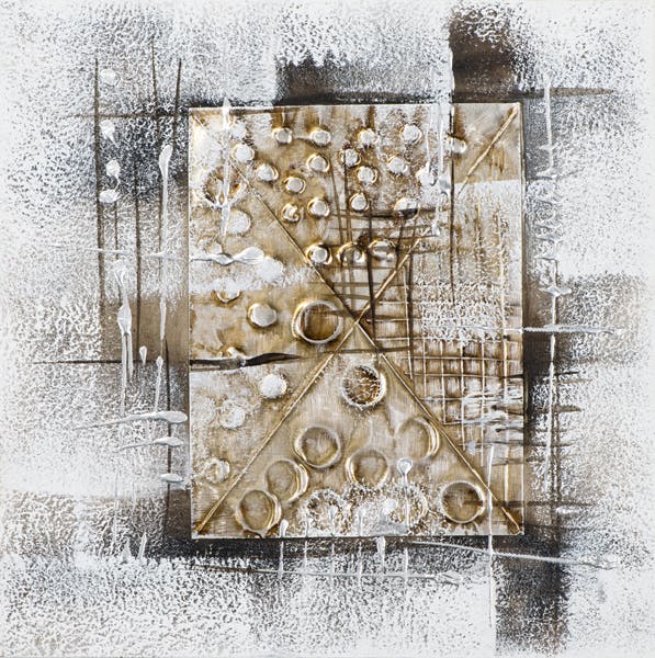 Tableau ABSTRAIT Cadre avec formes géométriques tons blancs, noirs, beiges, dorés et argentés 40x40cm
