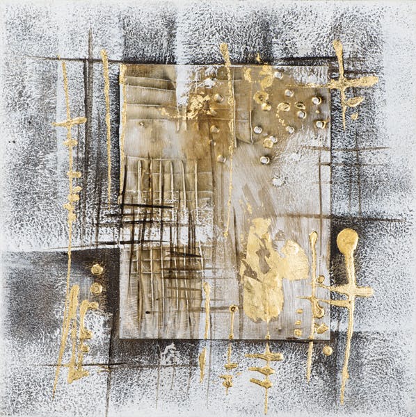 Tableau ABSTRAIT Cadres fond tons noirs et blancs avec effets tons beiges et dorés 40x40cm