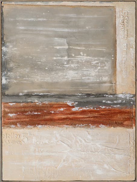 Tableau ABSTRAIT carré et bandes tons beiges, bruns, rouges et argentés 92x122cm