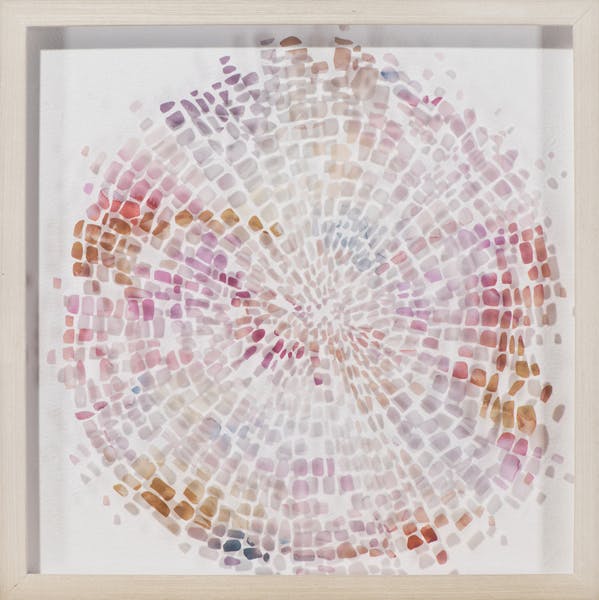 Tableau ABSTRAIT Cercle de Tâches irrégulières tons rosés, beiges, dorés, bleus et gris 54x54cm