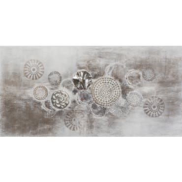  Tableau ABSTRAIT Cercles peinture acrylique et éléments métal - tons blancs, beiges et argentés 70x140cm