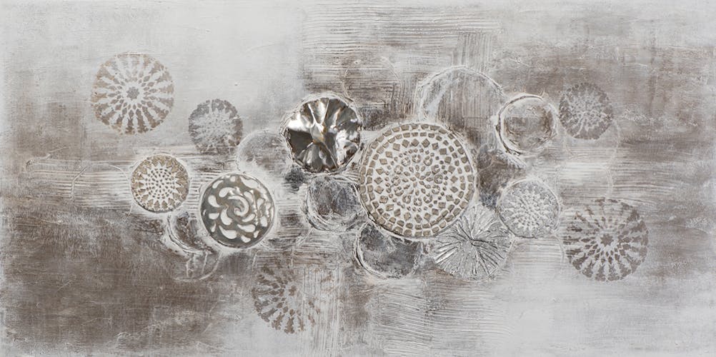Tableau ABSTRAIT Cercles peinture acrylique et éléments métal - tons blancs, beiges et argentés 70x140cm