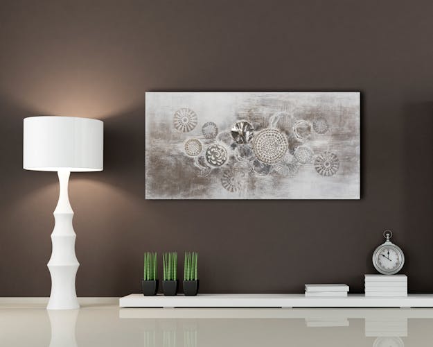 Tableau ABSTRAIT Cercles peinture acrylique et éléments métal - tons blancs, beiges et argentés 70x140cm