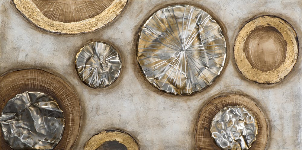 Tableau ABSTRAIT Cercles peinture acrylique et éléments métal - tons blancs, beiges, marrons, dorés et argentés 70x140cm