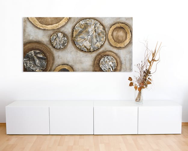 Tableau ABSTRAIT Cercles peinture acrylique et éléments métal - tons blancs, beiges, marrons, dorés et argentés 70x140cm