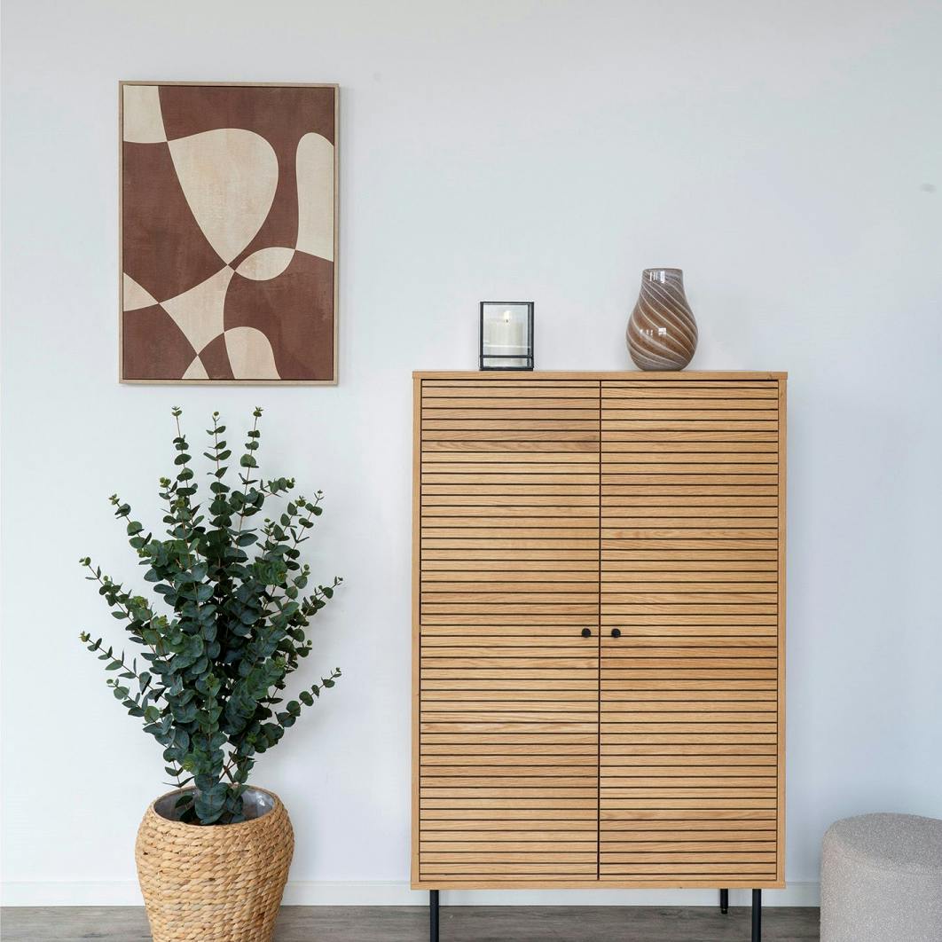 Tableau abstrait courbes marron et beige avec cadre bois