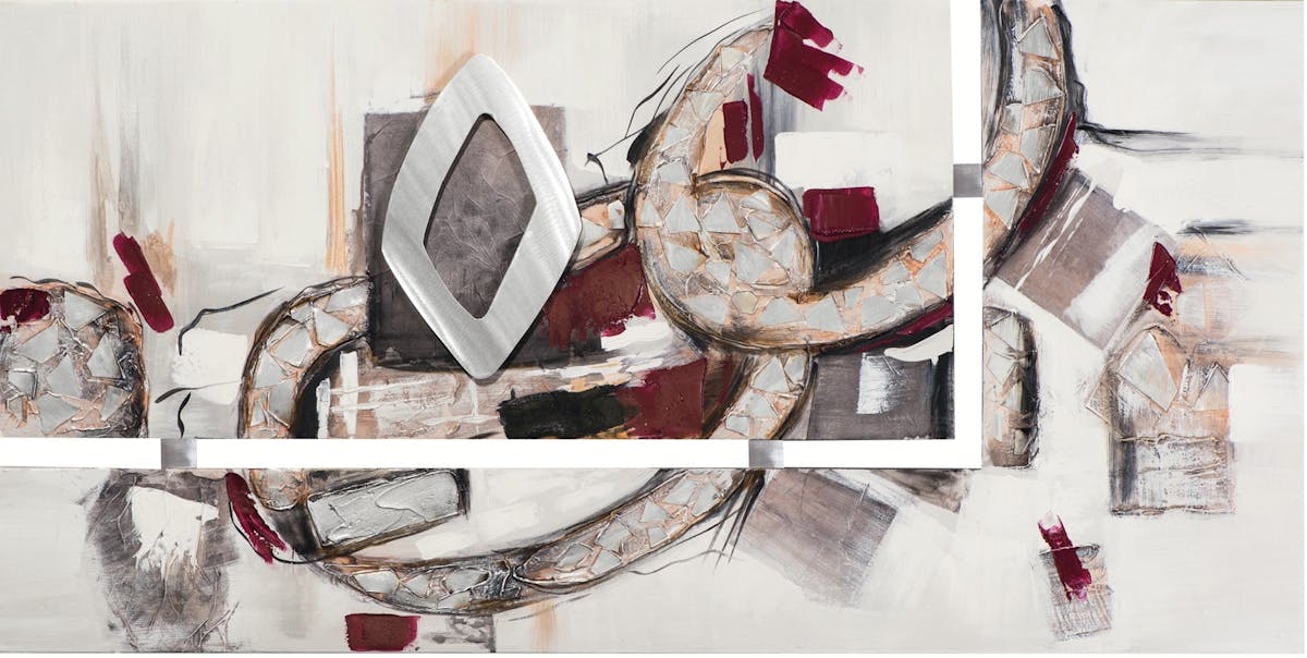 Tableau Abstrait diptyque 70x140 Argenté. Ajout d'éléments métal en