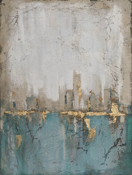 Tableau ABSTRAIT dominante beige, bleue et dorée 90x120cm