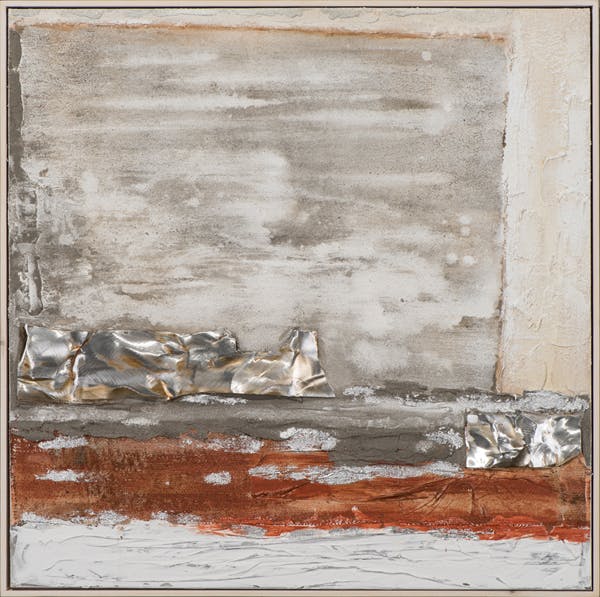 Tableau ABSTRAIT dominante beige et blanc, tons rouges et argentés 72x72cm