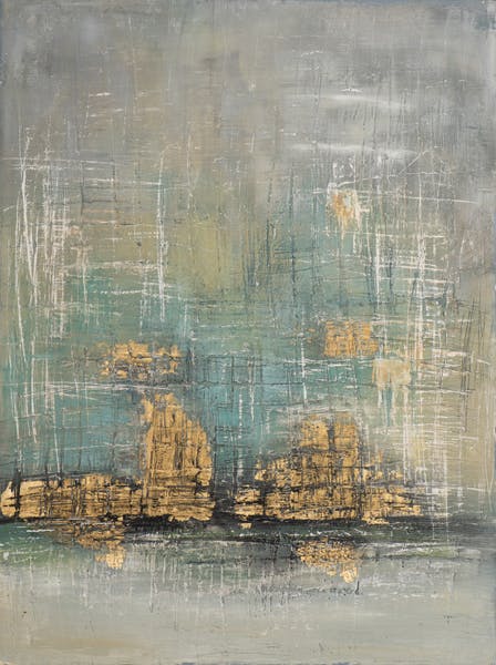Tableau ABSTRAIT dominante beige et tons bleus et dorés 90x120cm