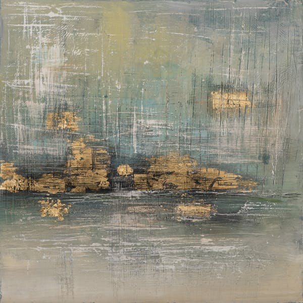 Tableau ABSTRAIT dominante beige et tons dorés et bleus 80x80cm