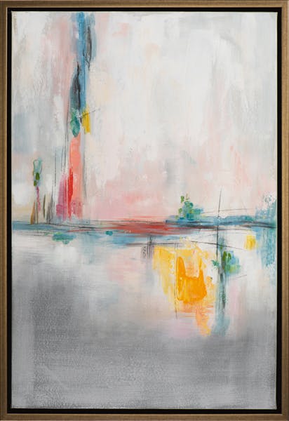 Tableau ABSTRAIT dominante beige et tons jaunes, verts et bleus 65,5x95,5cm
