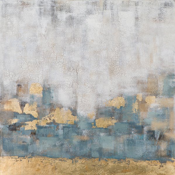 Tableau ABSTRAIT dominante beige tons bleus et dorés 100x100cm
