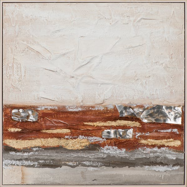 Tableau ABSTRAIT dominante beige, tons rouges et dorés 72x72cm