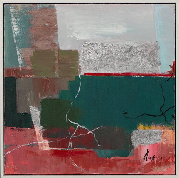 Tableau ABSTRAIT dominante bleue et tons rouges et bruns 42x42cm