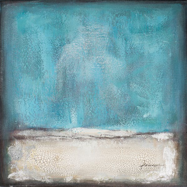 Tableau ABSTRAIT dominante bleue tons bleus, blancs, beiges, verts, noirs et argentés 70x70cm