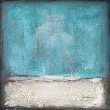  Tableau ABSTRAIT dominante bleue tons bleus, blancs, beiges, verts, noirs et argentés 70x70cm