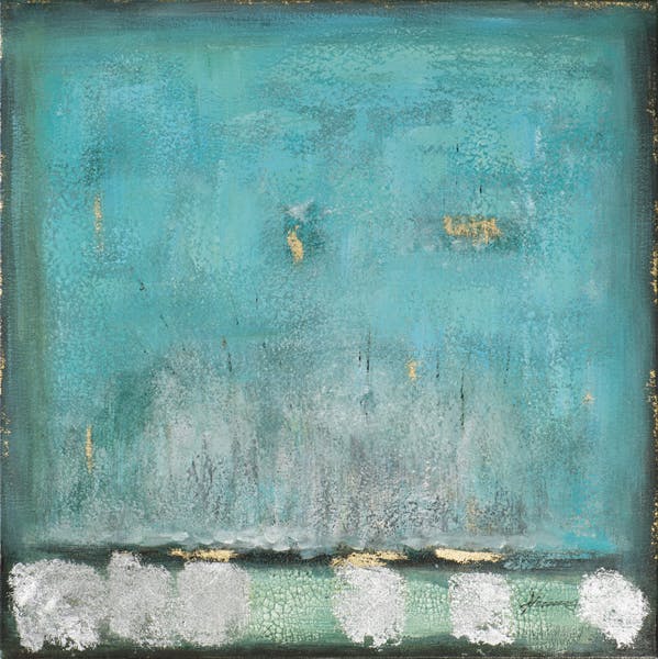 Tableau ABSTRAIT dominante bleue tons bleus, dorés, gris, verts et beiges 70x70cm
