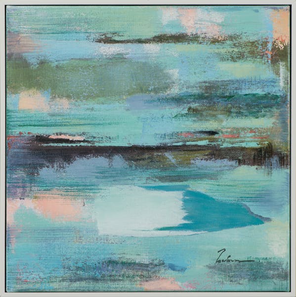 Tableau ABSTRAIT dominante bleue, tons noirs, blancs et roses 42x42cm