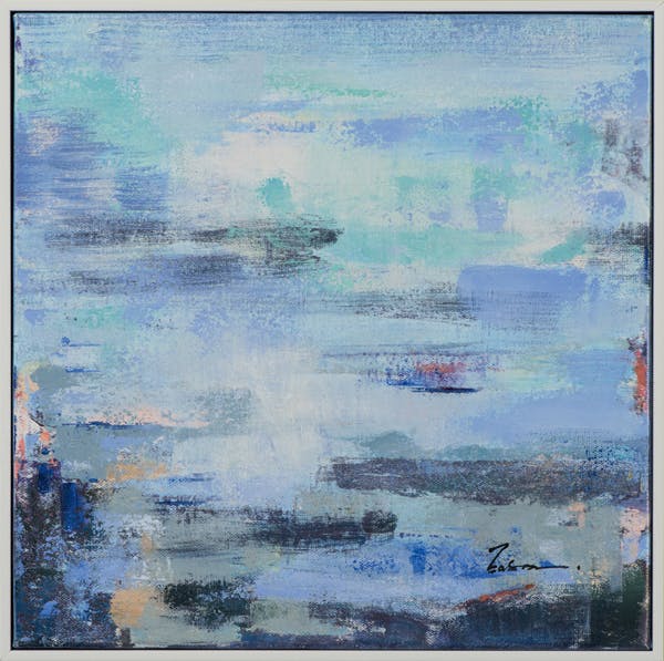 Tableau ABSTRAIT dominante bleue, tons noirs et blancs 42x42cm