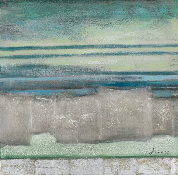Tableau ABSTRAIT dominante bleue, tons verts, noirs et blancs 70x70cm