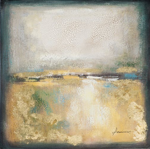 Tableau ABSTRAIT dominante dorée tons dorés, blancs, beiges, verts, bleus et noirs 70x70cm