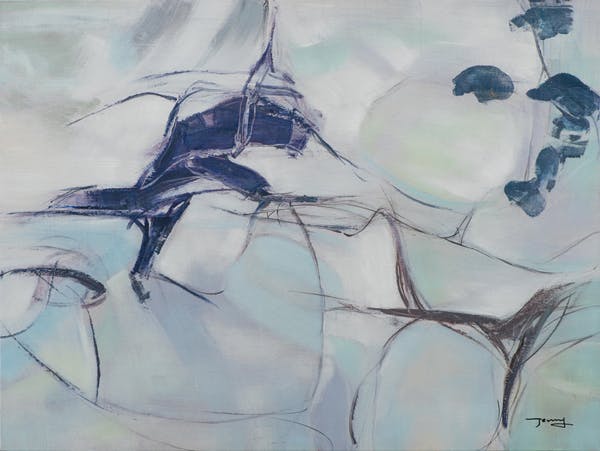 Tableau ABSTRAIT dominante noir et blanc, tons beiges et bleus 90x120cm