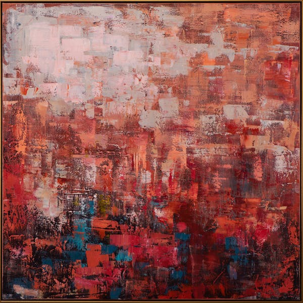 Tableau ABSTRAIT dominante rouge et tons beiges et bruns 113x113cm