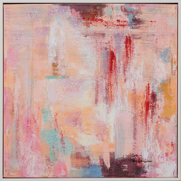 Tableau ABSTRAIT dominante rouge, tons beiges et bleus 42x42cm