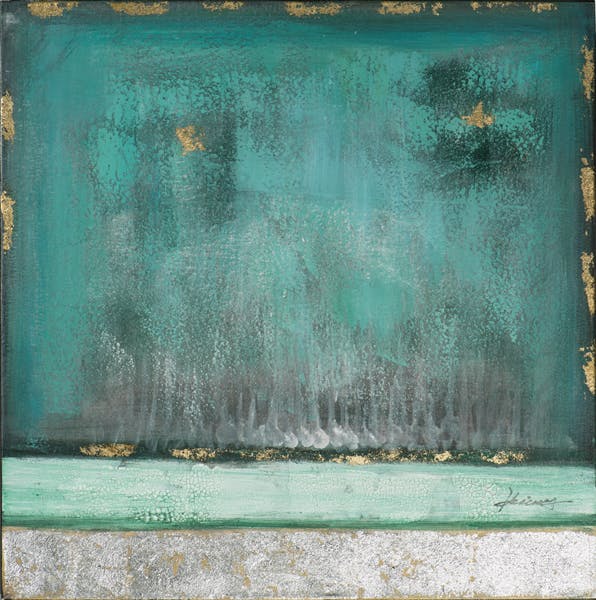 Tableau ABSTRAIT dominante vert bleue turquoise tons verts, bleus, dorés, gris, blancs et beiges 70x70cm