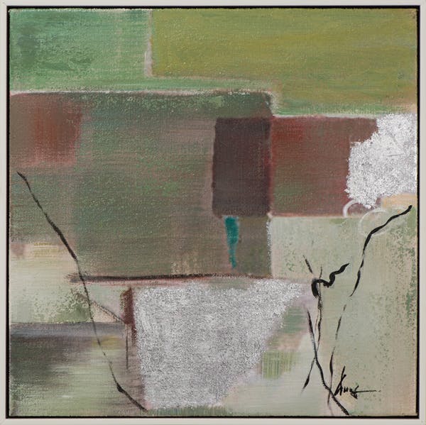 Tableau ABSTRAIT dominante verte et tons rouges et bruns 42x42cm
