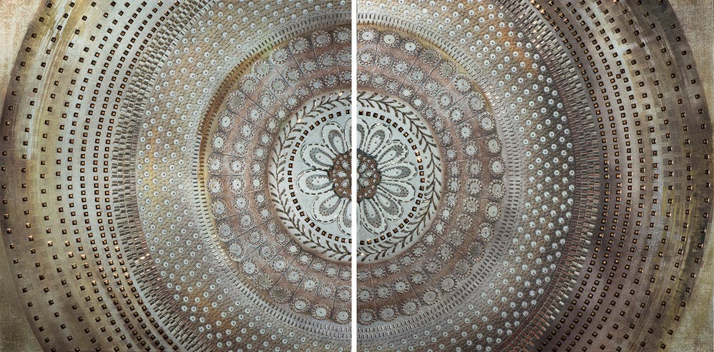 Tableau ABSTRAIT Dyptique Rosace tons beiges, marrons et dorés et éléments métal 80x160cm