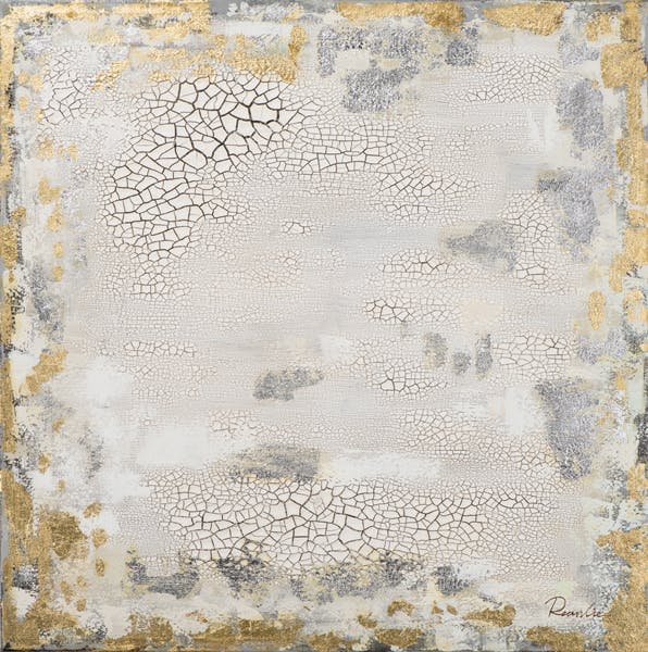 Tableau ABSTRAIT Effets tons dorés, gris, argentés, beiges et blancs 90x90cm