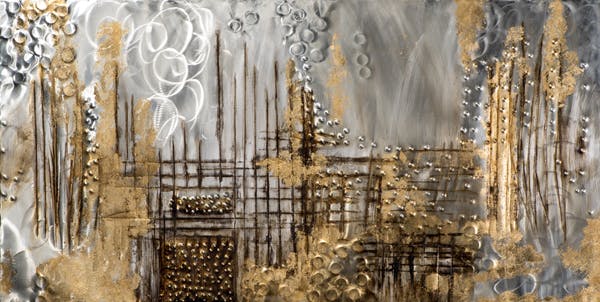Tableau ABSTRAIT Fabuleux lignes graphiques tons dorés, argentés, gris, beiges et marron 140x70cm