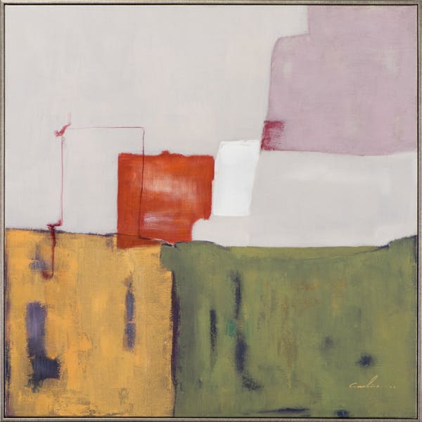 Tableau ABSTRAIT façon Patchwork tons beiges, rose, orangés, jaunes, gris, verts, noirs et blancs 80x80cm