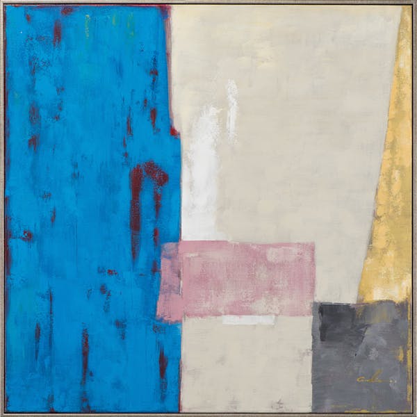 Tableau ABSTRAIT façon Patchwork tons bleues, argentés, dorés, gris, rose 80x80cm