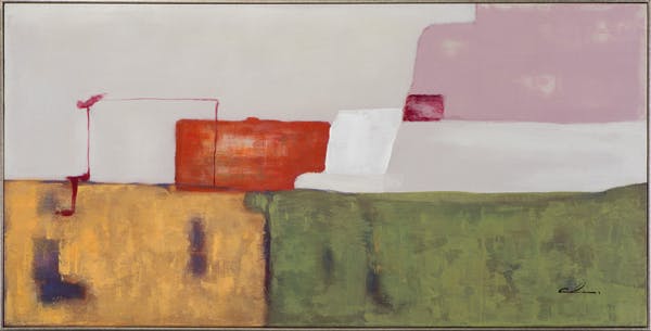 Tableau ABSTRAIT façon patchwork tons verts, rouges, jaunes et blancs 72x142cm
