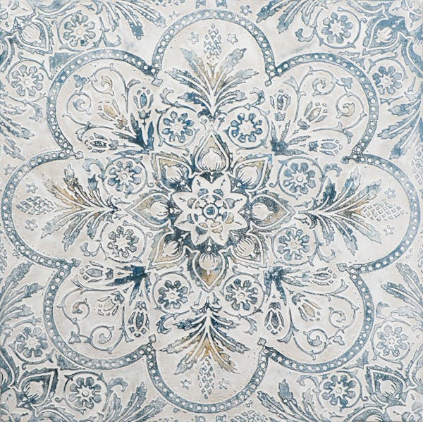 Tableau ABSTRAIT FLEURS de Lys tons bleus et dorés sur fond tons beiges 100x100cm