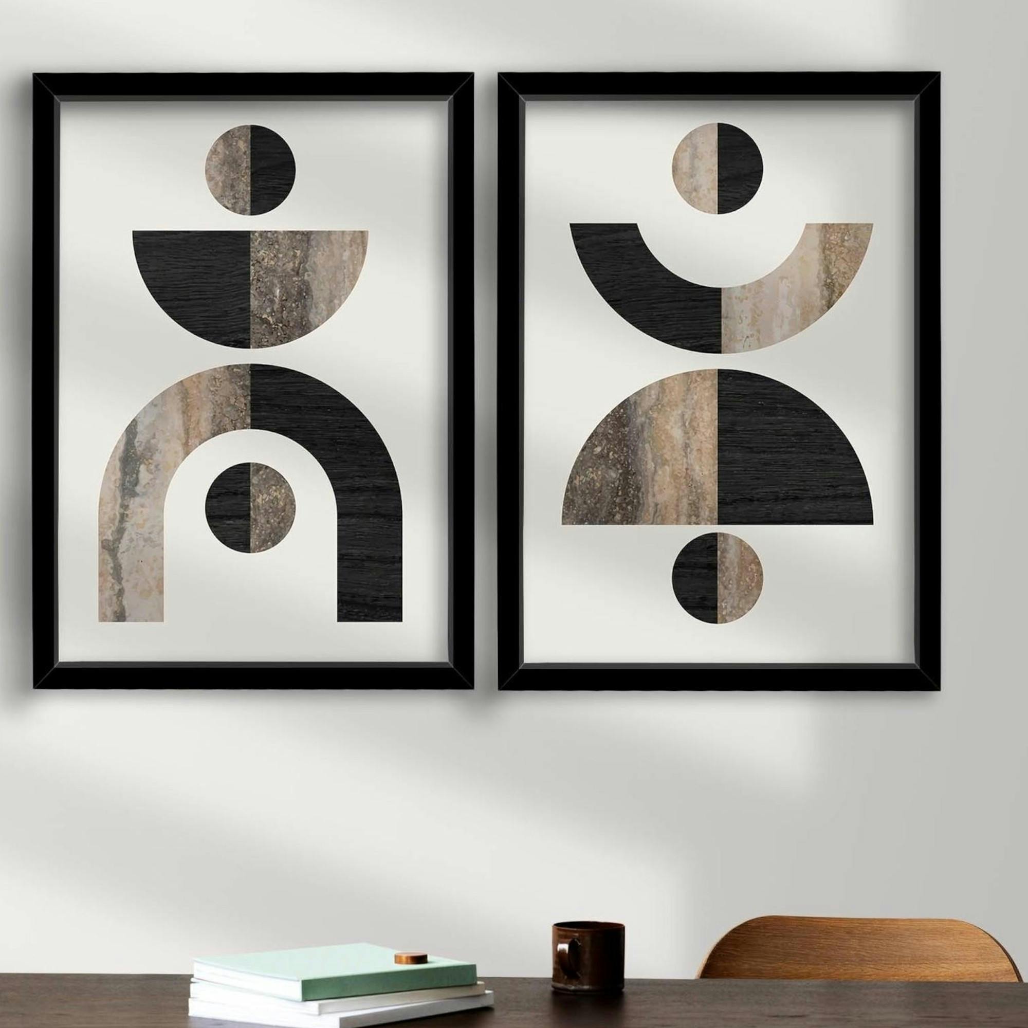 Tableau abstrait géométrique noir et marbre (set de 2)