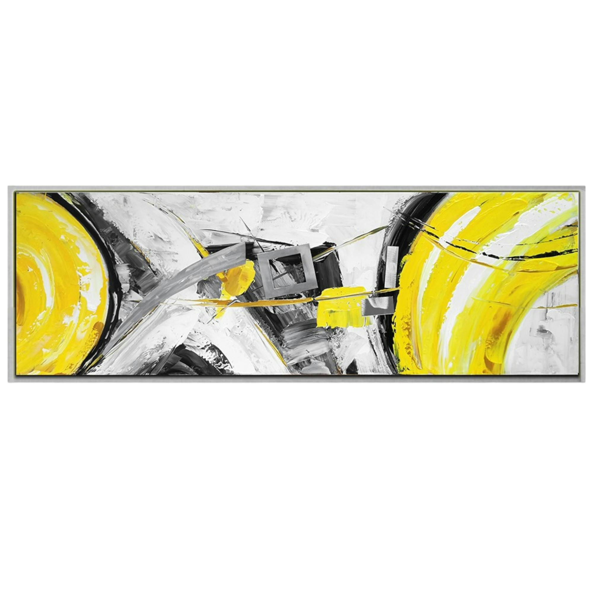Tableau abstrait jaune et gris formes métalliques cadre argent