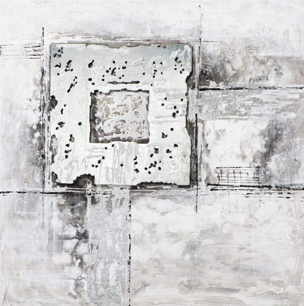 Tableau ABSTRAIT Lignes géométriques tons argentés, gris, blancs et noirs 100x100cm