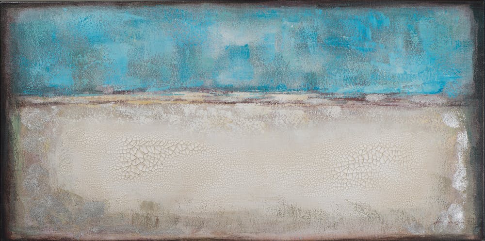 Tableau ABSTRAIT M1 tons bleus, beiges, blancs, marrons et argentés et feuilles métal 70x140cm