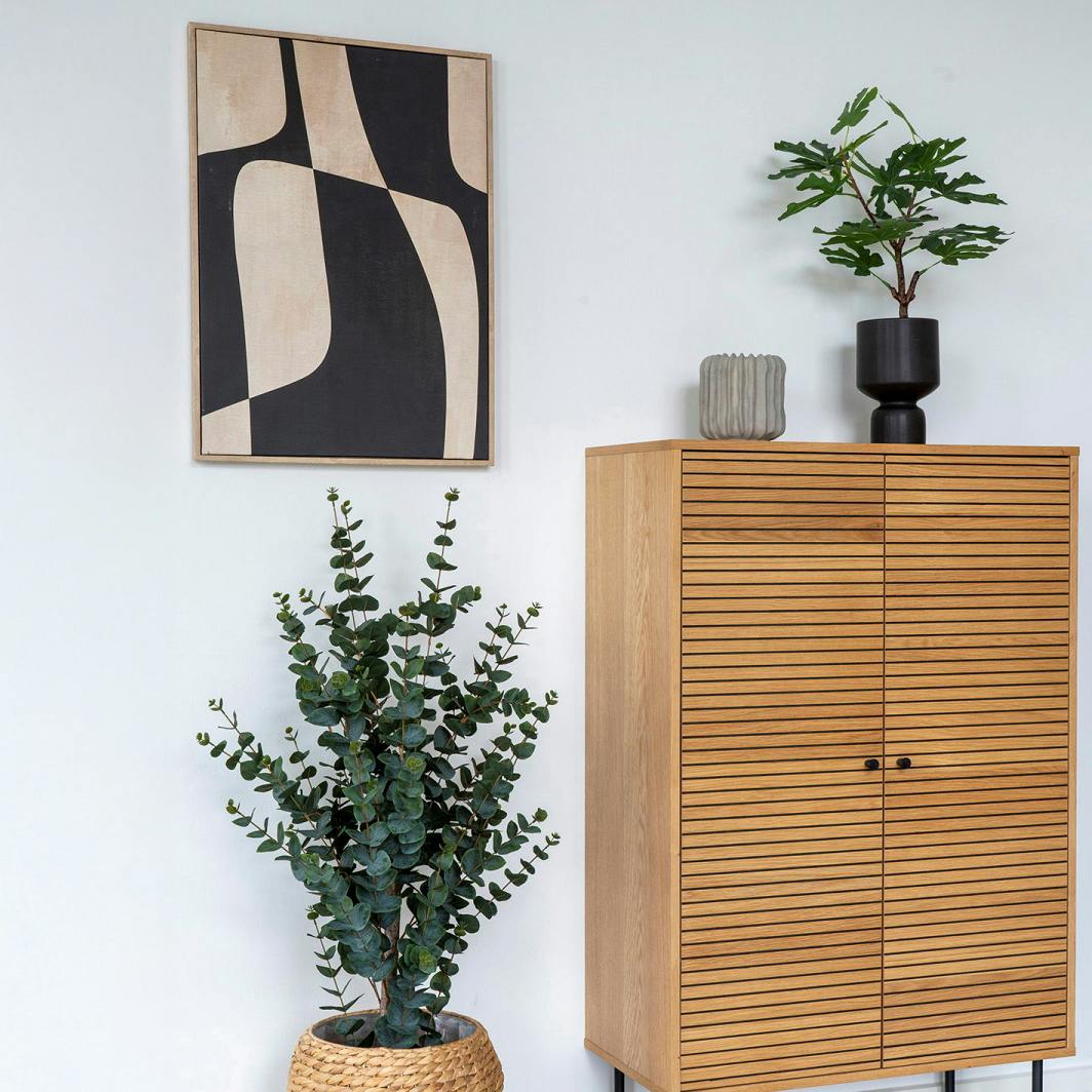 Tableau abstrait noir et beige avec cadre bois