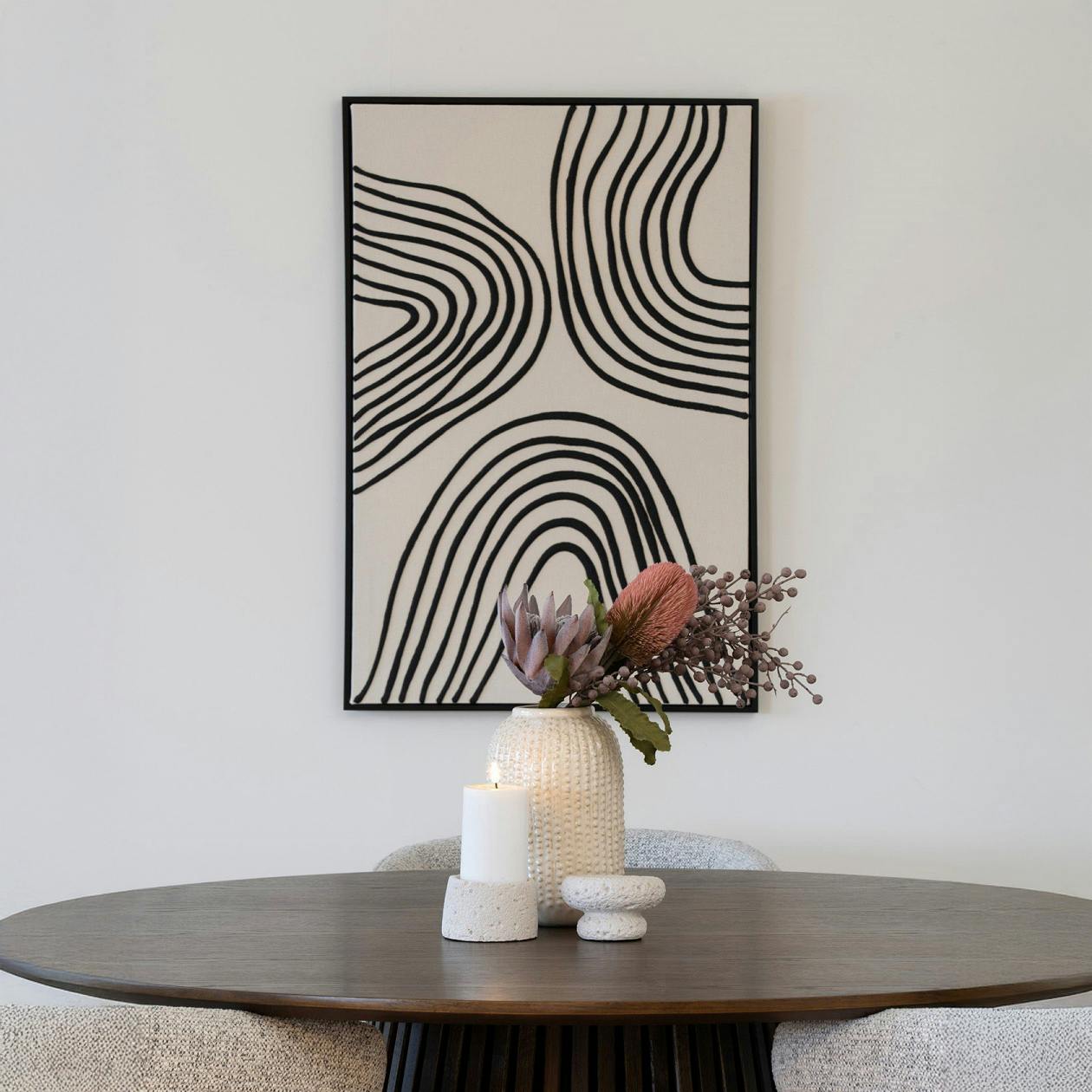 Tableau abstrait noir et blanc lignes ondulées avec cadre 60x90 cm