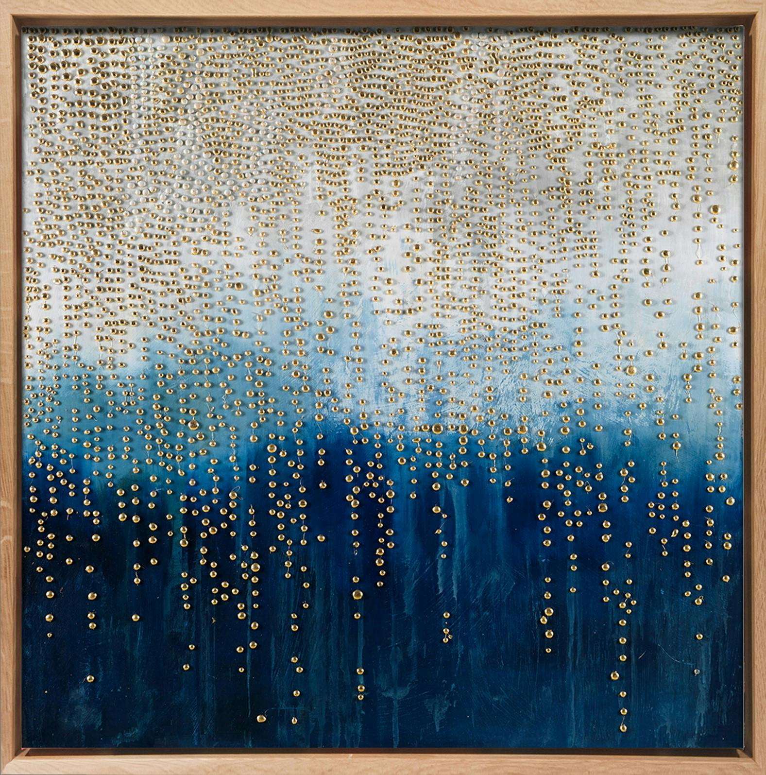 Tableau ABSTRAIT Nuage de perles dorées sur mer Caisse américaine en chêne massif 90x90cm