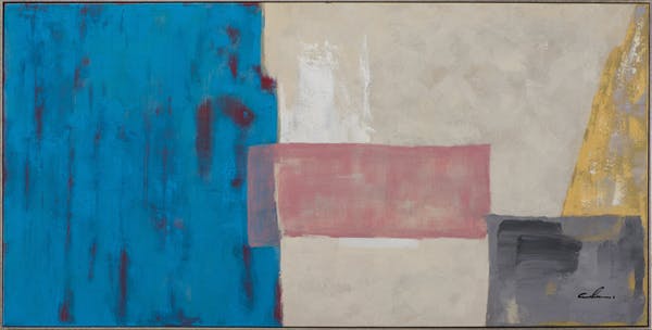 Tableau ABSTRAIT patchwork coloré tons bleus, beiges, bruns et noirs 72x142cm